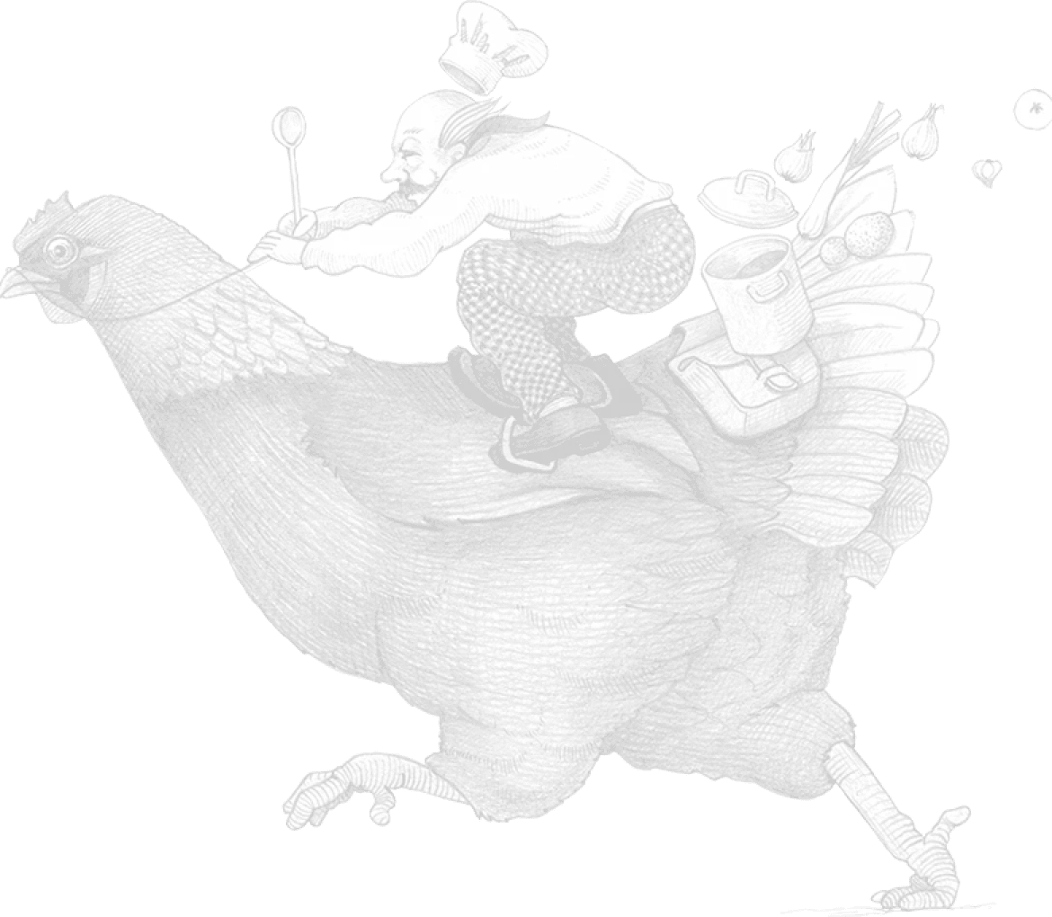 Koch reitet auf einem großen Huhn mit Zutaten