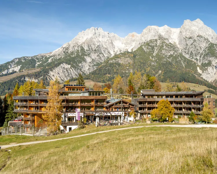 Berglandschaft mit Häusern und einer grünen Wiese